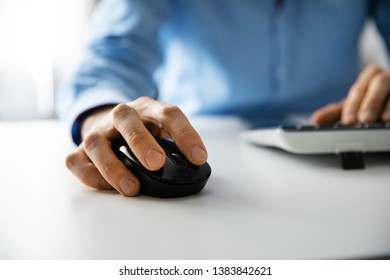 White Collar Work - Man Working With Desktop Computer In Office Closeup Of Hand Clicking Mouse