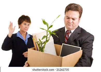 White Collar Worker Loses His Job.  Sad Coworker Waves Goodbye.  Isolated On White.