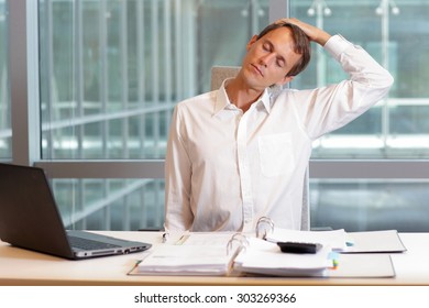 White Collar Worker Male Relaxing Neck  - Short Break For Exercise In  Office 