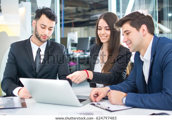White collar workers\
discussing financial report on laptop while having business meeting\
in the office.