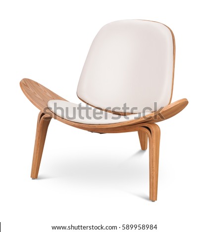 White color armchair. Modern designer chair on white background. Textile, leather, wooden chair. Series of furniture.