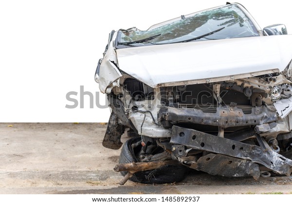 White color car\
damaged and broken by accident . Isolate on white background. Save\
with cliping path