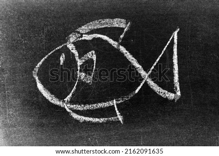 White color chalk hand drawing as fish shape on black board background