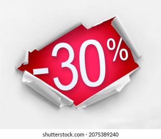 White color hole ripped paper against 30 percent discount message in red color. Useful  for Black Friday display - Powered by Shutterstock