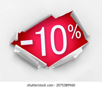 White color hole ripped paper against 10 percent discount message in red color.  Useful  for Black Friday display