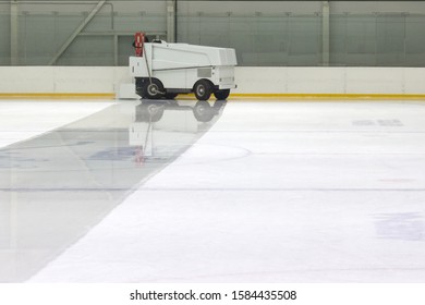 The white color machine, for resurfacing ice in the work process. Close up view