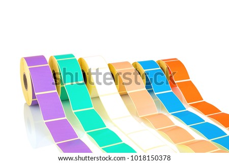 White and colored label rolls isolated on white background with shadow reflection. Color reels of labels for printers. Labels for direct thermal or thermal transfer printing.