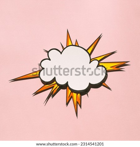 White comic speech bubble on pink background with lightning. Handmade paper cutout artwork. Pop art concept. Cartoon flat lay style. Frame for your web banner. 