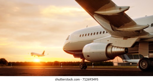 White commercial airplane standing on the airport runway at sunset. Passenger airplane taking off. Airplane concept 3D illustration.