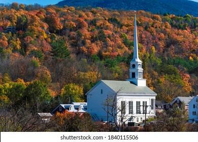 White Community Church In Famous Ski Town Of Stowe In Vermont At Fall