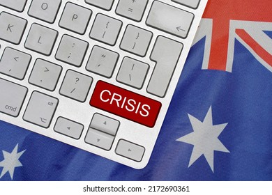 White Computer Keyboard With Red Button With Word Of Crisis On Australia Flag Background. Global Economic, Political And Financial Crisis. Economic Crisis And Economic Recession In Australia