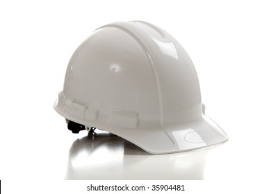 A white construction workers hard hat on a white background