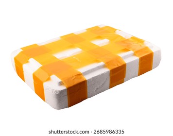 White container or box made of expanded polystyrene foam for packaging and transporting fragile and breakable goods, secured with yellow packing tape, close-up on white background, postal concept