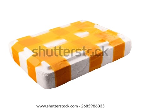 White container or box made of expanded polystyrene foam for packaging and transporting fragile and breakable goods, secured with yellow packing tape, close-up on white background, postal concept