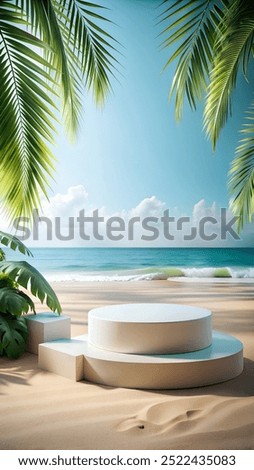 a white container with a palm tree in the background.