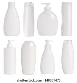 White containers and bottles isolated on white background
