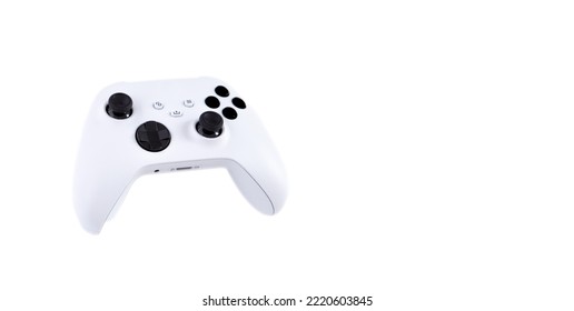 White controller of new video game console. On white background.