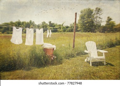 White Cotton Clothes Drying On A Wash Line With Vintage Feel