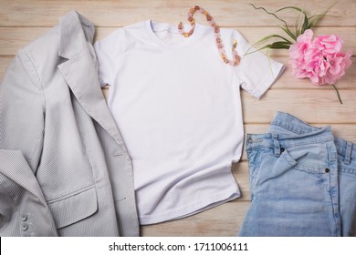 White Women’s Cotton T-shirt Mockup With Blue Jeans, Pink Flower And Gray Striped Blazer. Design T Shirt Template, Tee Print Presentation Mock Up