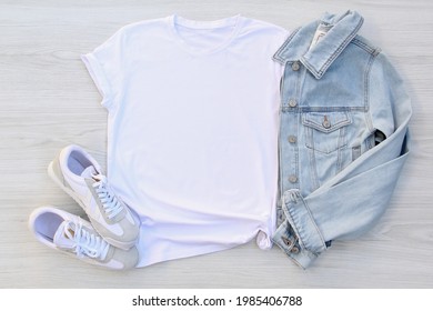 White cotton T-shirt mockup with denim jacket, sneakers. Design t shirt template, tee print presentation mock up - Shutterstock ID 1985406788