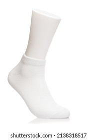 White Cotton-blend Low Cut Ankle Sock On Foot Mannequin On A White Background