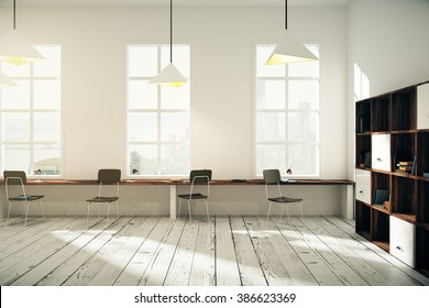 White coworking office interior design with windows, lamps, dark wooden chairs, bookshelves and light wooden floor. 3D Render - Powered by Shutterstock - Get 15% off with code: PIKWIZARD15