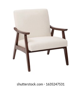 White Cream Lounge Chair Isolated On White Background. Modern Upholstered Living Room Armchair With Solid Wood Frame Construction. Modern Beige Arm Chair With Wood Armrests. Wooden Lounge Chair Side