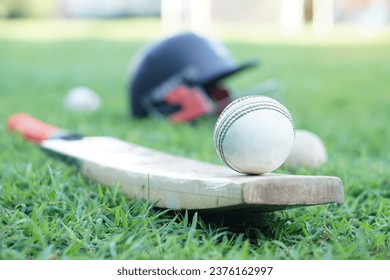 White cricket ball on wooden racket. Concept, sport equipment. Competitive sport. A cricket ball is made with a core of cork, covered by a leather case with a slightly raised sewn seam                 - Powered by Shutterstock