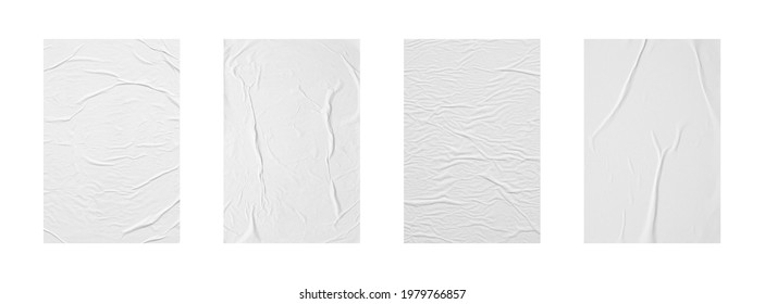 white crumpled and creased glued paper poster set isolated on white background