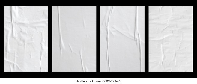 white crumpled and creased glued paper poster set isolated on black background