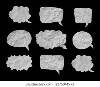 White crumpled paper texture in bubble speech shape. Set of balloon text isolated in black background.