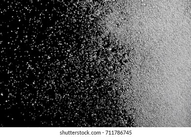 White Crystal Sugar Pile Isolated On Black Background And Texture, Top View