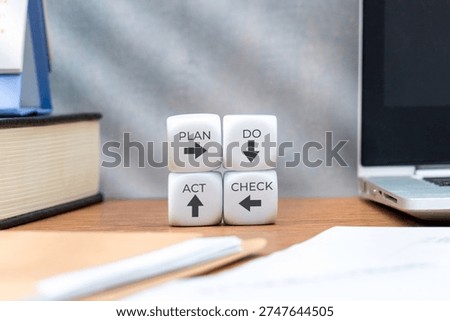 White cubes displaying the PDCA cycle Plan, Do, Check, Act. Quality management, process improvement, continuous development concept.