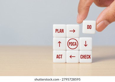 White cubes with Plan, Do, Check, Act text representing the PDCA cycle. Quality management, continuous improvement, and business process concept.
