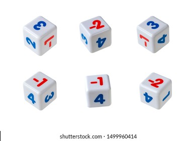 White Cubes With Red And Blue Numbers On Them. The Numbers Are Positive And Negative. Isolate On A White Background.