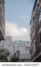 White cumulus clouds are visible between the city buildings in the blue sky.