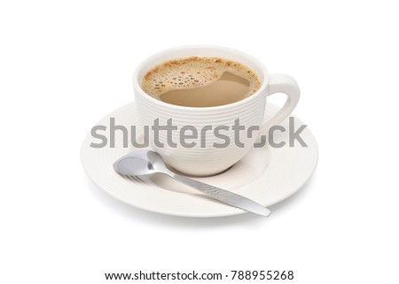 White cup of creamy coffee with stainless teaspoon isolated on white background, clipping path