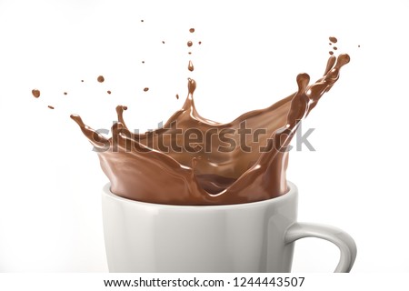 White cup with milk chocolate splash. On white background.