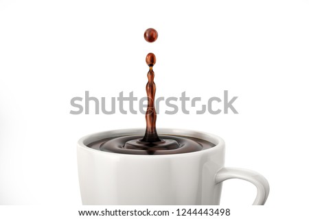 White cup with one drop coffee splash. On white background. Close up view.