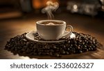 A white cup of steaming coffee placed on a saucer, surrounded by a pile of coffee beans