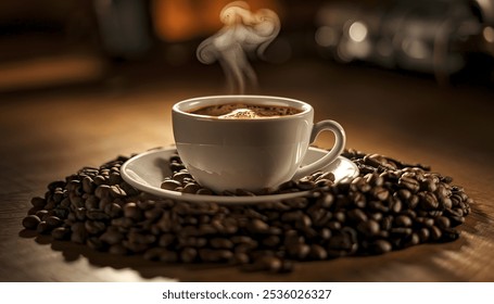 A white cup of steaming coffee placed on a saucer, surrounded by a pile of coffee beans - Powered by Shutterstock