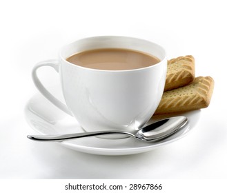 White Cup Of Tea With Biscuits