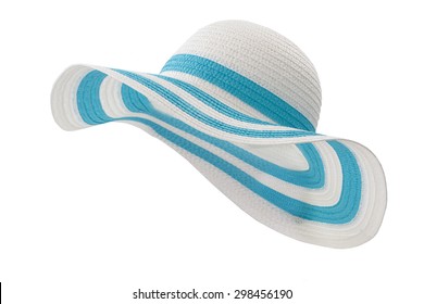 White And Cyan Beach Hat On White Background