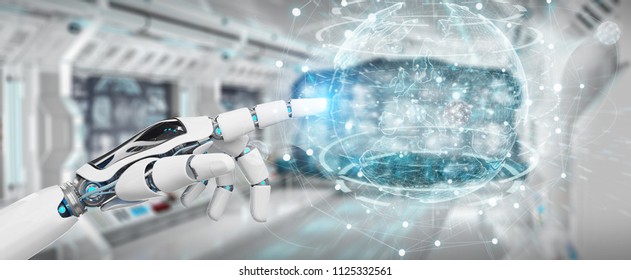 White cyborg hand on blurred background using planet Earth interface 3D rendering - Powered by Shutterstock