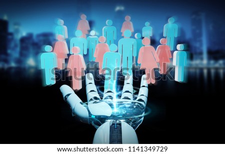White cyborg hand on blurred background controlling group of people 3D rendering