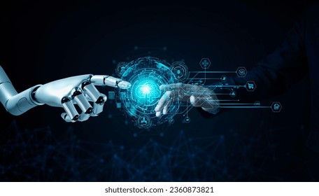 White cyborg hand is touching a human hand and cloud storage that allows for faster and easier access to information can store important data and large files on the Internet efficiently and securely. - Shutterstock ID 2360873821