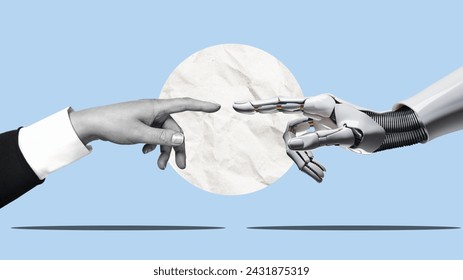 White cyborg robotic hand pointing his finger to human hand with stretched finger - cyber la creation - flat art collage. - Powered by Shutterstock