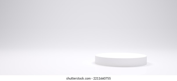 White cylinder, pulpit in a light gray room infinite background wallpaper banner. Place for text, mockup, copy space. 3d illustration. Minimal concept.	