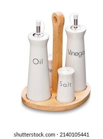 White Cylindrical Food Container Kit, With Wood Base, For Salt, Oil And Base, Isolated