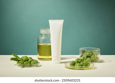 A white cylindrical tube stands in the center, surrounded by a cork stopper jar holding olive oil and several small glass dishes containing fresh green olives and olive leaves. Cosmetic advertisement - Powered by Shutterstock